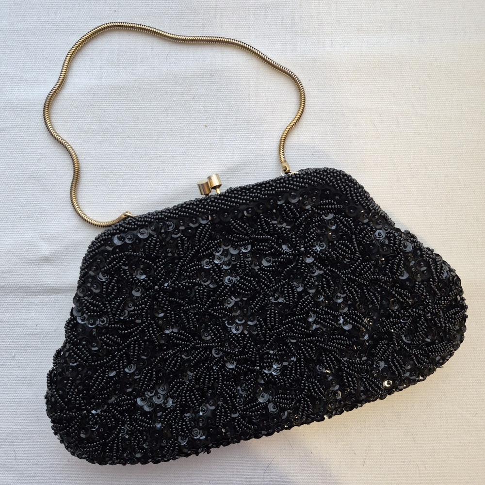 Vintage Mid-Century Black Beaded Clutch